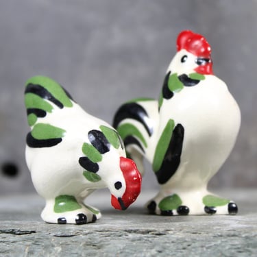 Vintage Porcelain Chickens | Vintage Ceramic Hen and Rooster | Hand Painted Figurine | Deruta Style Porcelain | Bixley Shop 