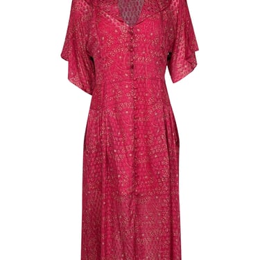 Equipment - Pink &amp; Beige Floral Print Textured Silk Midi Dress Sz 6