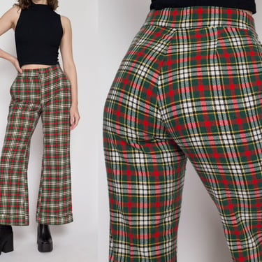 Sm-Med 70s Red & Green Plaid Flares 27"-31" | Vintage Retro Knit Trousers Colorful Flared Cuffed Pants 