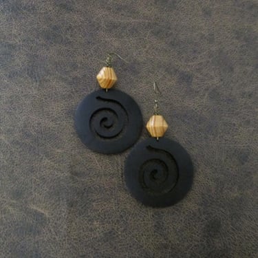Carved wooden earrings, large black spiral 