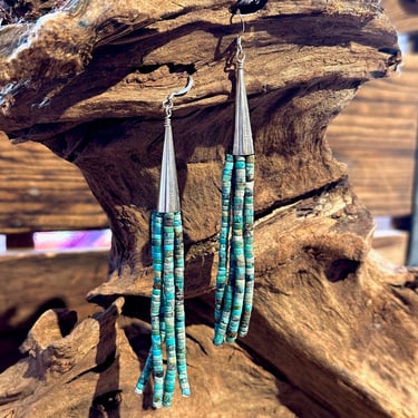 CORRAINE SMITH Navajo Kingman Turquoise Dangle Earrings | Sterling Silver Stone Beads | Native American Southwestern Long Fringe Earrings 