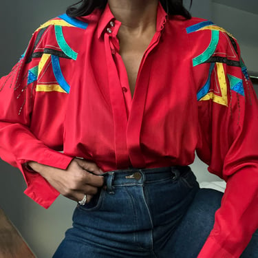vintage pure silk avant garde structured pleated raglan sleeve beaded appliqué primary colors statement blouse 