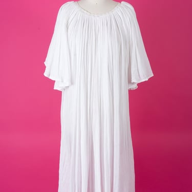 Incredible Vintage 1970s White Cotton Gauze Kaftan with Butterfly Sleeves and Lace Trim 