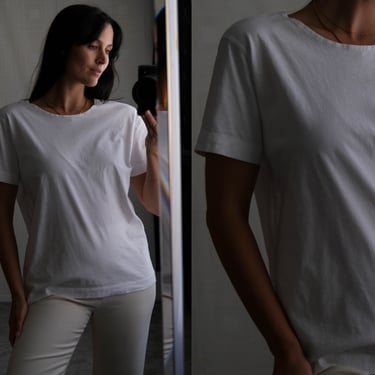 Vintage 90s GAP Blank White Peasant Style Tee Shirt w/ Seamless Neckline | Made in USA | 100% Cotton | 1990s GAP Designer Unisex T-Shirt 