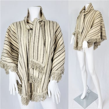 1970's Short Cream Taupe Stripe Wool Fringe Poncho I Sz O/S I Cape 