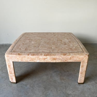 Vintage Maitland Smith - Style Tessellated Pink Coral Stone & Brass Inlay Square Coffee Table 