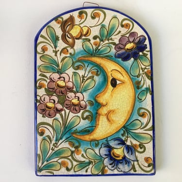 Vintage Italian Crescent Moon Ceramic Wall Plaque, Moon Lovers, Floral Backgrounnd, Pottery Art Plaque 