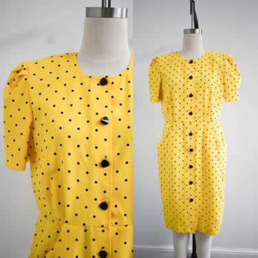 1980s Yellow and Black Polka Dot Dress 