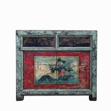 Chinese Distressed Blue Green Red Graphic Sideboard Console Cabinet cs7705E 