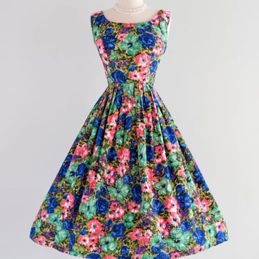 Vintage 1950's Blue & Pink Watercolor Floral Cotton Dress / SM