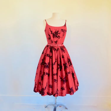1950's Kamehameha Red and Black Tropical Hawaiian Flower Print Fit and Flare Dress Spaghetti Straps Full Skirt Spring Summer 28