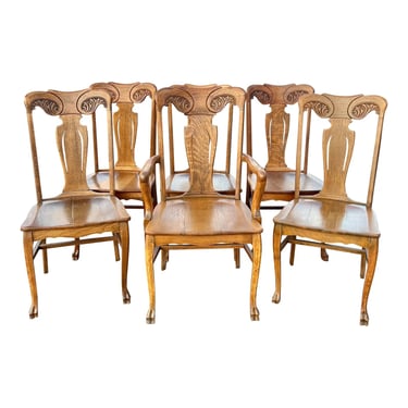 Vintage 1930’s Art Nouveau T Back Oak Dining Chairs - Set of 6 