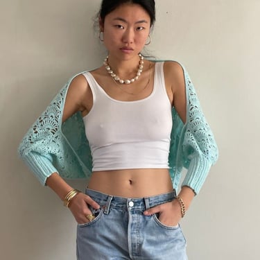 Vintage Hand Crochet Cropped Sweater Shrug - Aqua Seafoam