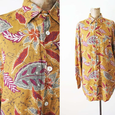 Vintage 90s Mustard Yellow Floral Abstract Print Shirt S M - 1990s Leaf Print Georges Marciano Guess  Long Sleeve Baggy Button Up 