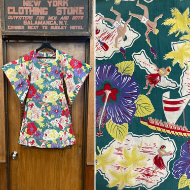 Vintage 1940’s Paradise Sportswear Cotton Tiki Tropical Pake Muu Hawaiian Natives Dress, Pake Muu, 1940’s, Tiki Dress, Batwing Sleeve, 