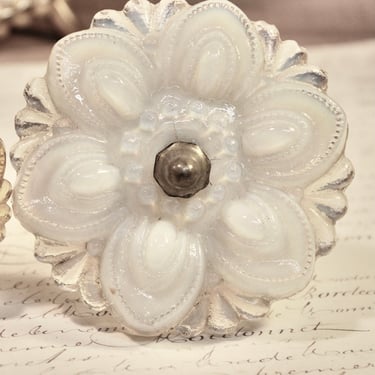 Antique Victorian Opalescent Glass Curtain Tie Back Original Hardware Pewter Glass Opalescent White 