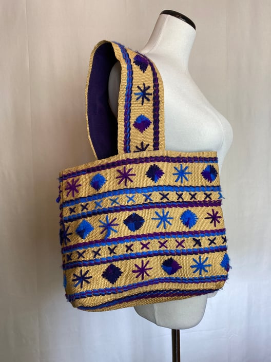 60’s floral embroidery woven burlap tote pretty Purples violet periwinkle textile 1960’s carry-all handbag reversible corduroy flower purse 