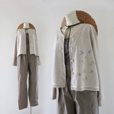 natural embroidered linen crop jacket - m - vintage 90s y2k beige eco spring summer lace trim size medium  womens 
