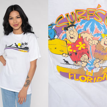 Vintage Flintstones Shirt 90s Surf's Up Florida Fred Flintstone Shirt Surfer Cartoon TV Retro TShirt Graphic T Shirt 1990s Tee Small S 
