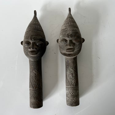 Pair of Vintage Cast Bronze Yoruba Eden Ogboni Staves 