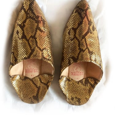 Vintage Men's Metallic GOLD Snake Skin LEATHER Moroccan slippers Babouche Shoes Slides Mules 