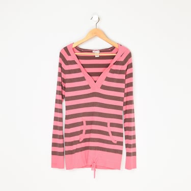 Vintage Y2k Pink & Brown Striped Knit Hoodie - 2000s clothing, fitted, long cut, pullover - Women's L 