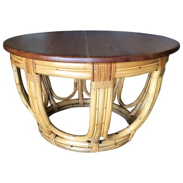 Restored Round Rustic Rattan Coffee Table with Mahogany Top and Fancy Wrappings 