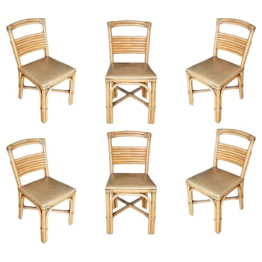 Restored Slat Legs and Back Rattan Dining Chair, Set of Six 