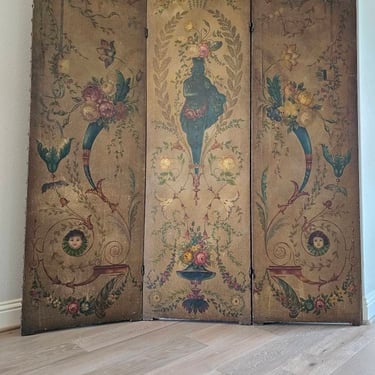 Antique Italian Neoclassical Hand-Painted Oil On Leather Tri-fold Three Panel Folding Screen Room Divider 19th Century 