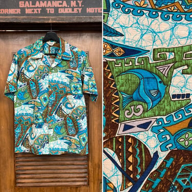 Vintage 1960’s Cotton Tiki Pop Art Mod Barkcloth Fish Hawaiian Shirt, 60’s Vintage Clothing 