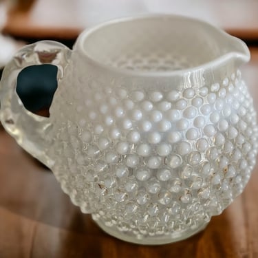 5" Vintage Fenton white hobnail squat glass pitcher. French opalescent collectible glassware jug with handle. 32 oz 