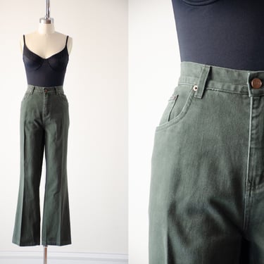 high waisted jeans | 90s vintage Bill Blass dark olive green relaxed fit bootcut mom jeans 34x29 