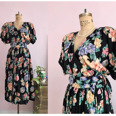 1980's Size 6/8 Floral Wrap Midi Dress 