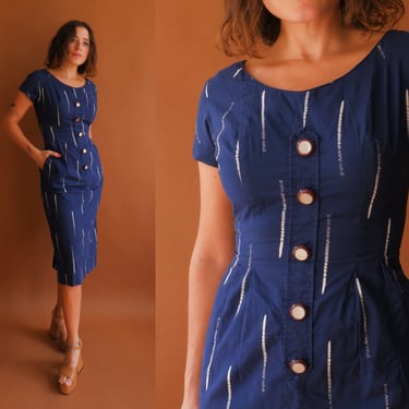 Vintage 50s Blue Cotton Wiggle Dress/ 1950s Short Sleeve Dress/ Size Small 