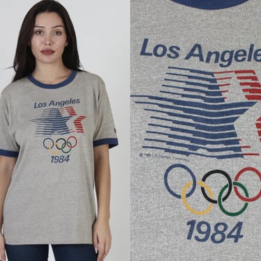 1984 Levis Los Angeles Olympics Tee, Mens Womens Heather Grey Ringer T Shirt, Soft 50 50 Top Size Large 