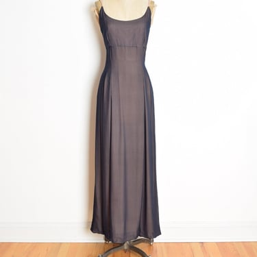 vintage 70s dress PAULINE TRIGERE navy silk illusion long slip gown simple M 