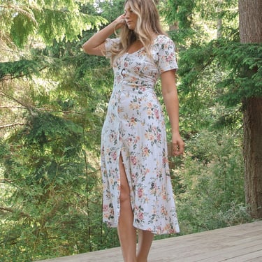 90s Floral Midi Dress | Carroll Reed Cottagecore Button Front Corset Back Summer Picnic Dress 