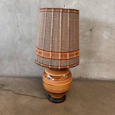 Mid Century Modern Ceramic Lamp with Rattan and Fabric Shade