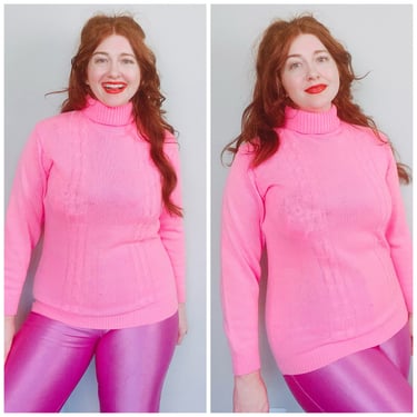 1970s Vintage Miss Holly Pink Acrylic Turtleneck / 70s / Seventies Cable Knit Long Sleeve Sweater / Medium - Large 