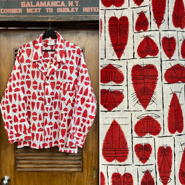 Vintage 1950’s Size XL “Ray Komai” Art Designer Atomic Tiki Faces Cotton Pajama PJ Shirt Top, 50’s Vintage Clothing 
