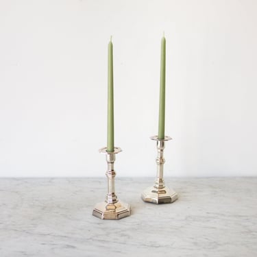 Pair of Hotel Silver Candlesticks and Beeswax Tapers
