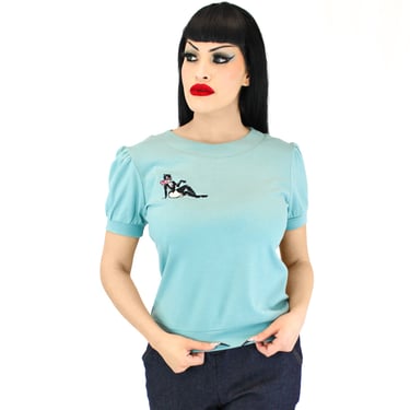 Embroidered Retro Cat Girl Pastel Blue Blouse XS-3XL 