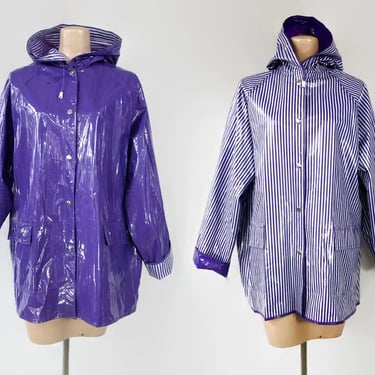 VINTAGE 1980s Shiny Vinyl Purple and White Striped Reversible Rain Jacket | 80s Rain Slicker Hooded Spring Jacket 
