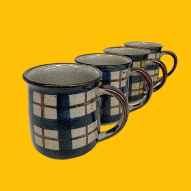 Vintage Otagiri Mugs Retro 1970s Mid Century Modern + Plaid + Blue + Brown + Stoneware + Set of 4 + Coffee + Tea + Ceramic + Kitchen + Drink 