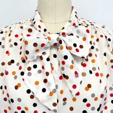 Vintage 1970s Pussy Bow Blouse | Polka Dot shirt with Tie Neck | Size Large 