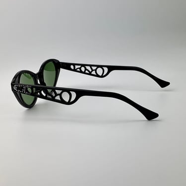 1950'S Cat Eye Rhinestone Sunglasses - Black Plastic Frames with Cutout Details - Original Green Lenses -  Made in the USA 