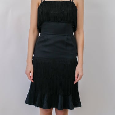 1960s Does 1920s Black Fringe Fishtail Cocktail Dress