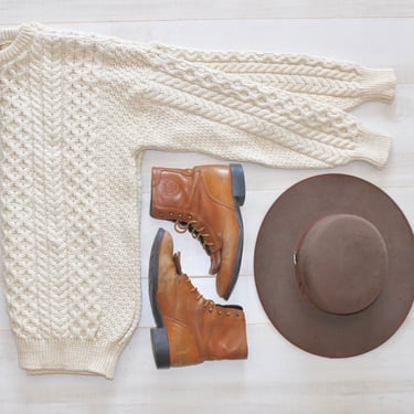 Vintage Fisherman Knit Sweater, Irish Wool, Aran, Cable Knit, Oversized, Cream 