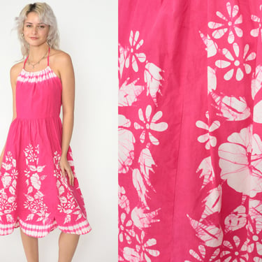 50s Sundress Pink Tropical Floral Halter Dress Tie Dye Flower Print Midi Day Dress Open Back Backless Sleeveless Cotton Vintage 1950s Small 