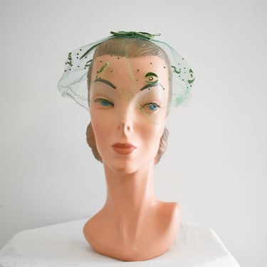 1950s Green Net Whimsy Hat with Crescent Moons and Rhinestones 